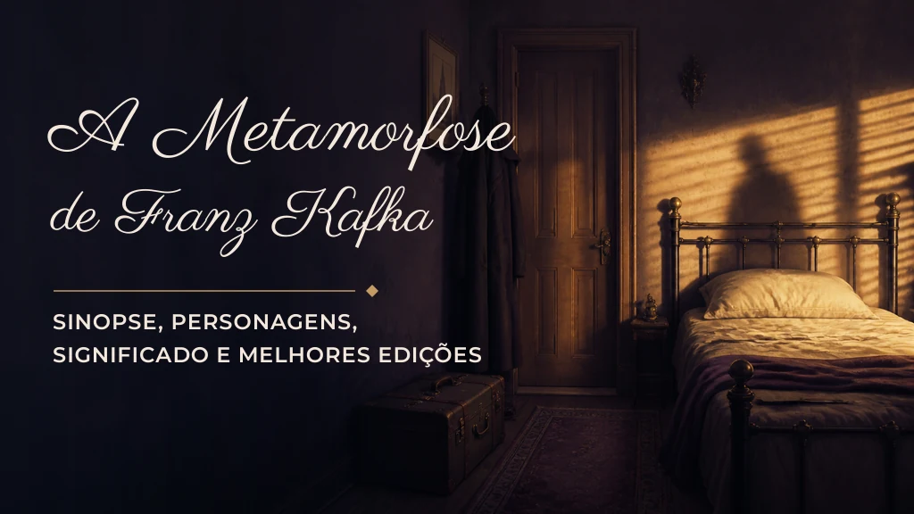 Quarto antigo e vazio iluminado pelo amanhecer, com cama, porta fechada e mala de viagem, sob o título A Metamorfose, de Franz Kafka