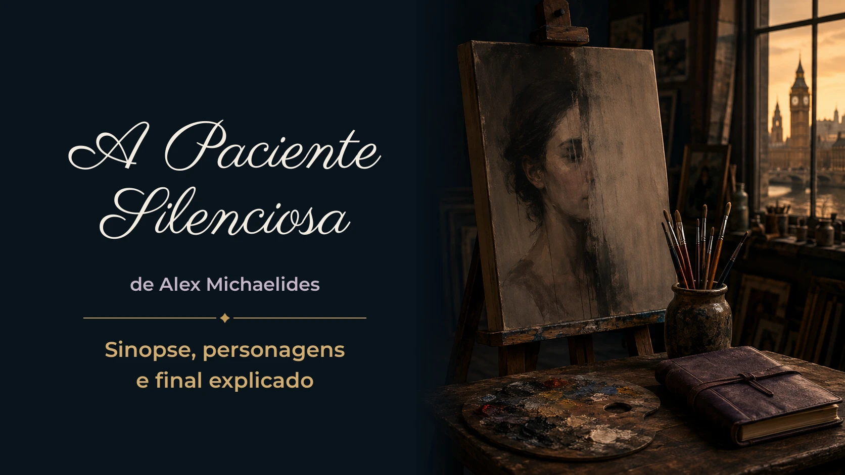 Capa do artigo A Paciente Silenciosa, de Alex Michaelides, com título em Parisienne ao lado de um retrato inacabado, pincéis e um diário em um ateliê londrino.