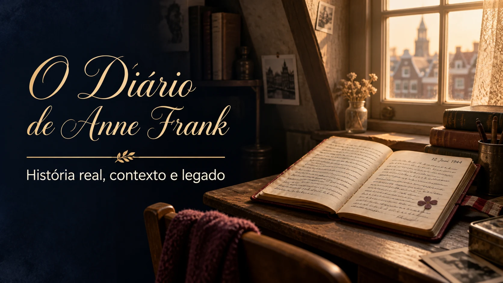 Diário aberto sobre uma escrivaninha próxima a uma janela, em uma cena silenciosa inspirada na história real de Anne Frank durante o Holocausto