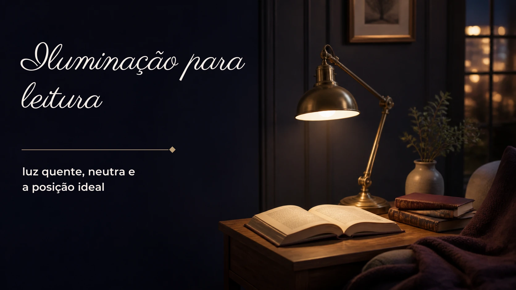 Iluminação acolhedora direcionada sobre um livro aberto em um cantinho de leitura.