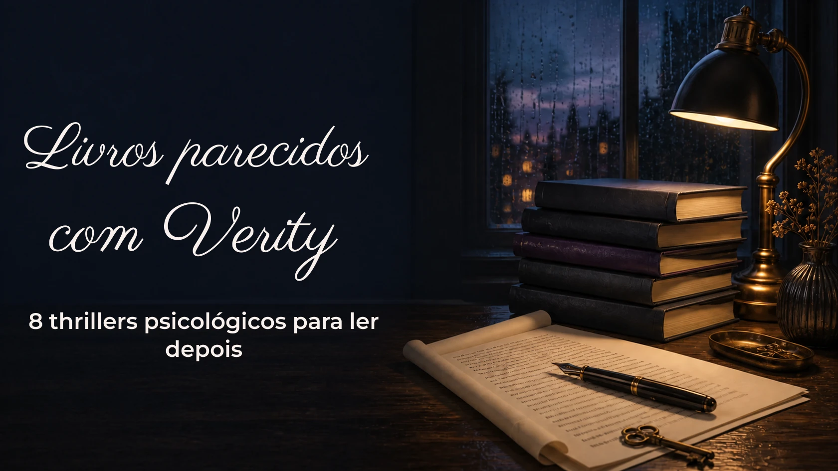 Oito livros de suspense psicológico reunidos em uma mesa de leitura com atmosfera misteriosa.