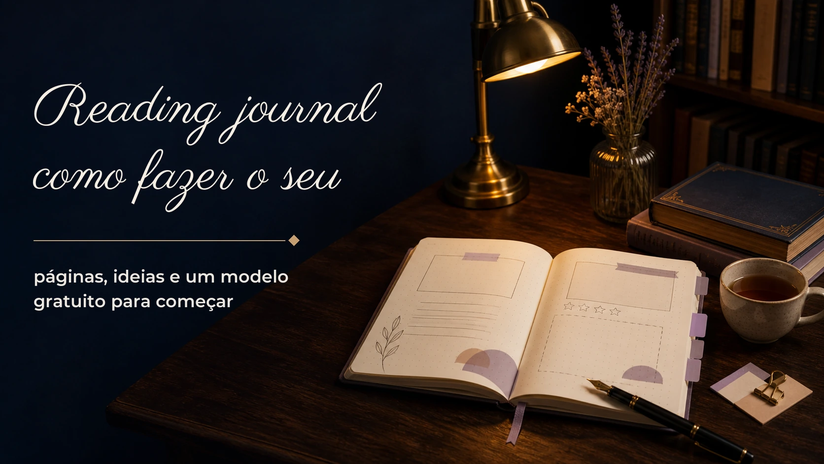 Reading journal aberto sobre uma mesa de madeira com caneta, livros e luminária em um ambiente de leitura noturno.