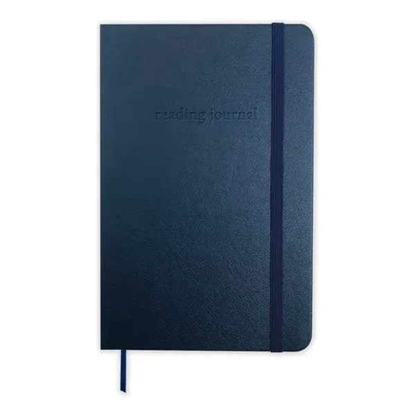 Reading Journal azul com capa dura, fechamento elástico e marcador de página