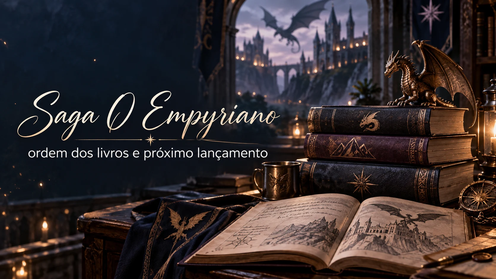 Capa do artigo sobre a saga O Empyriano, com livros, dragões e uma academia militar ao entardecer